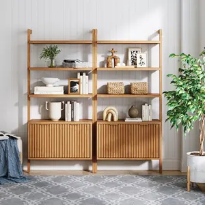 Mid-Century Fluted Wall Bookshelves with Doors Warm Pine (Set of 2) Mid-Century Fluted Wall Bookshelves with Doors Warm Pine (Set of 2)