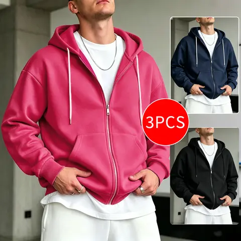 SPEEALER Men's 3-Pack Full Zip Hoodie Jackets - Soft, Loose Fit Long Hooded Zip Closure Men's Sweatshirts, Multicolor Casual Tops for Daily Commuting, Ideal as Gift