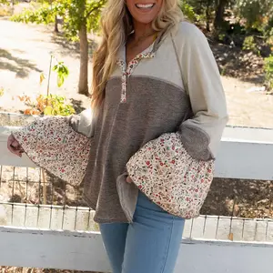 Goat Colorblock Floral Patchwork Flared Sleeve Buttons Henley Top