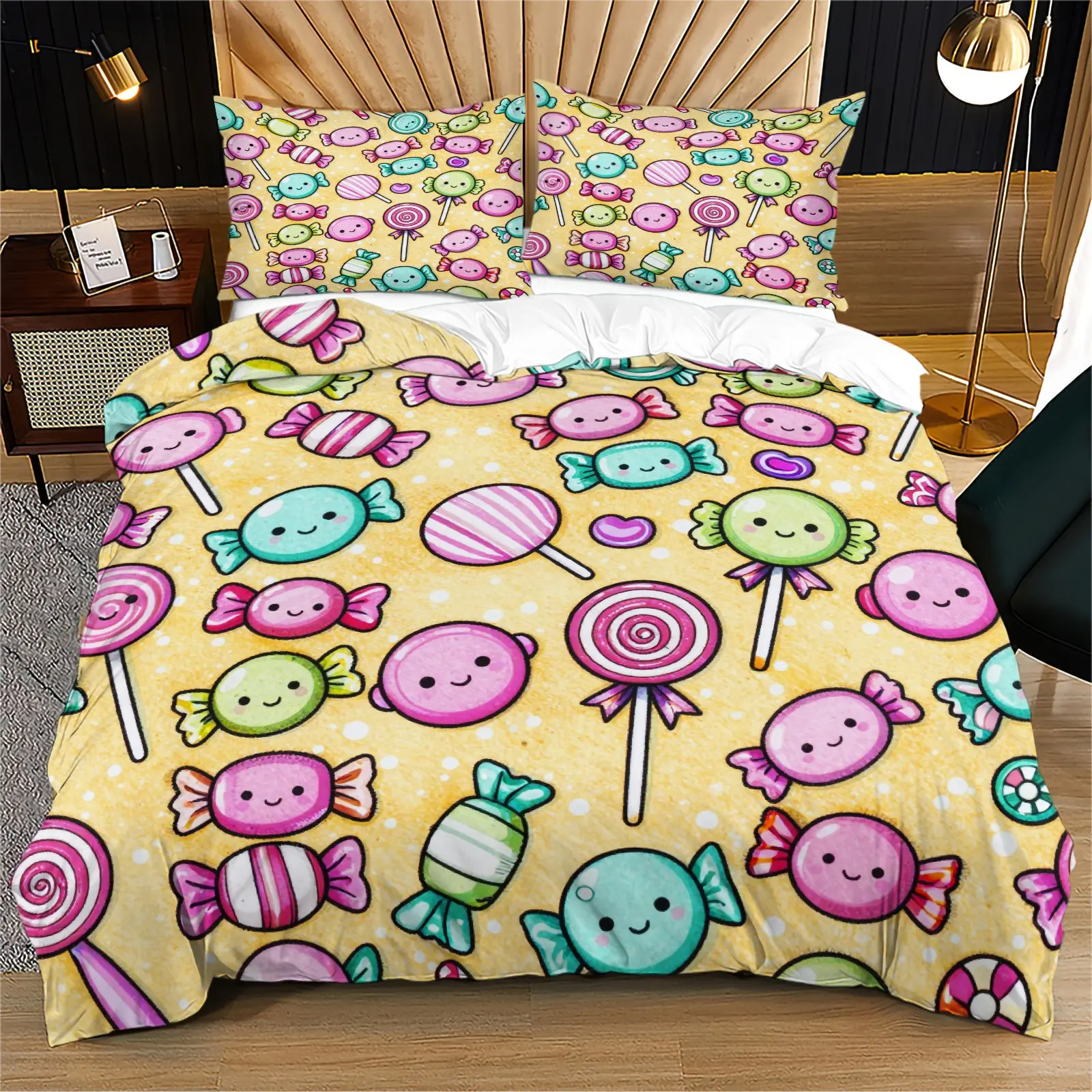 Cartoon Candy Emoji Full Print Bedding Set, 1 Coreless Fitted Sheet, 1/2 Coreless Pillowcases, Sweet Dollar Kids Fun Style, Full Size, Bedroom Decor
