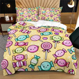 Cartoon Candy Emoji Full Print Bedding Set, 1 Coreless Fitted Sheet, 1/2 Coreless Pillowcases, Sweet Dollar Kids Fun Style, Full Size, Bedroom Decor