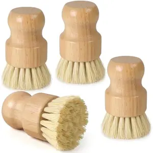 4 Pack Bamboo Dish Brush Set, Natural Kitchen Scrub Brush with Sisal Bristles, Wooden Dish Scrubber for Cleaning Dishes, Pots, Vegetables and Sink