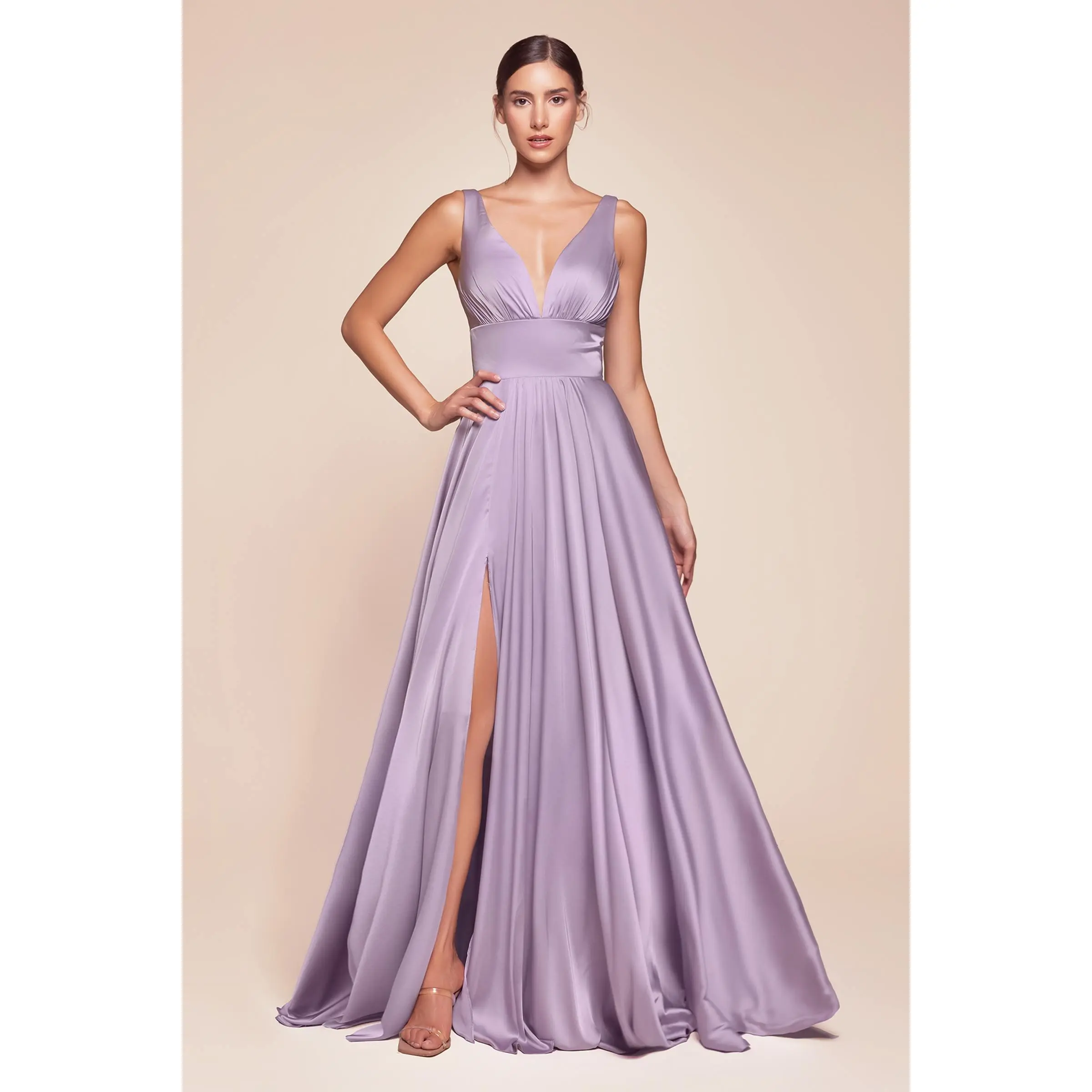Ladivine 7469 Women's A-Line Satin Evening Gown with V-Neck, Open Back, and High Leg Slit - Minimalist Style for Prom & Bridesmaids, Navy, Matching, Soft, Gorgeous, Formal, English Violet, Lavender, Cute, Chic, Zipper, Sweet, Sleeveless