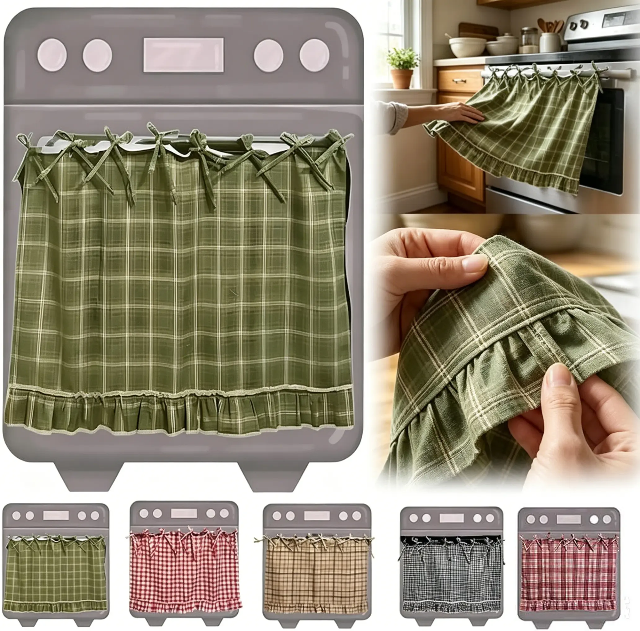 Farmhouse Plaid Oven Curtain Coquette Ruffle Stove Handle Cover Multi-Purpose Dishwasher Washing Machine Curtain Rustic Kitchen Home Decor