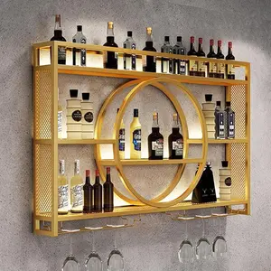 Metal Wine Rack Wall Mounted Bottle Glass Holder Hanging Shelf, Bar Unit Floating Wine Display Shelves Iron Liquor Shelf for Home Restaurant Bars Storage Stand (Gold, 55"x 5.9"x 31.5")