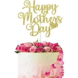 16 PCS Happy Mothers Day Cake Toppers with Love Heart Food Picks for Mother's Day Party Cake Decorations Supplies Glitter Gold