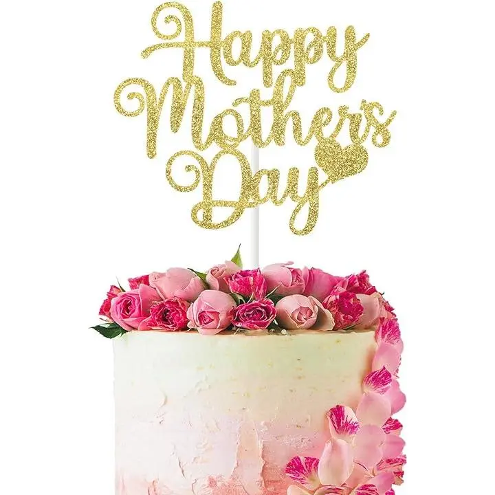 16 PCS Happy Mothers Day Cake Toppers with Love Heart Food Picks for Mother's Day Party Cake Decorations Supplies Glitter Gold