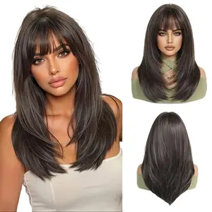 SummerVibes AISI HAIR Long Straight Wigs for Women Layered Synthetic Wig with Bangs Dark Brown Color for Daily Beginner Friendly Wigs Natural Looking Wig