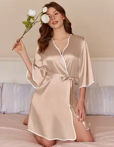 Ekouaer Women Silk Robes Short Satin Bathrobe 3/4 Sleeve Kimono Bride Robe Valentines Silky Sleepwear with Pockets S-XXL