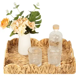 Rectangle Wicker Scalloped Tray, Rattan Serving Trays with Handles, Water Hyacinth Basket for Decorative & Organizing, 15.75" L x 11.5" W x 2.75" H