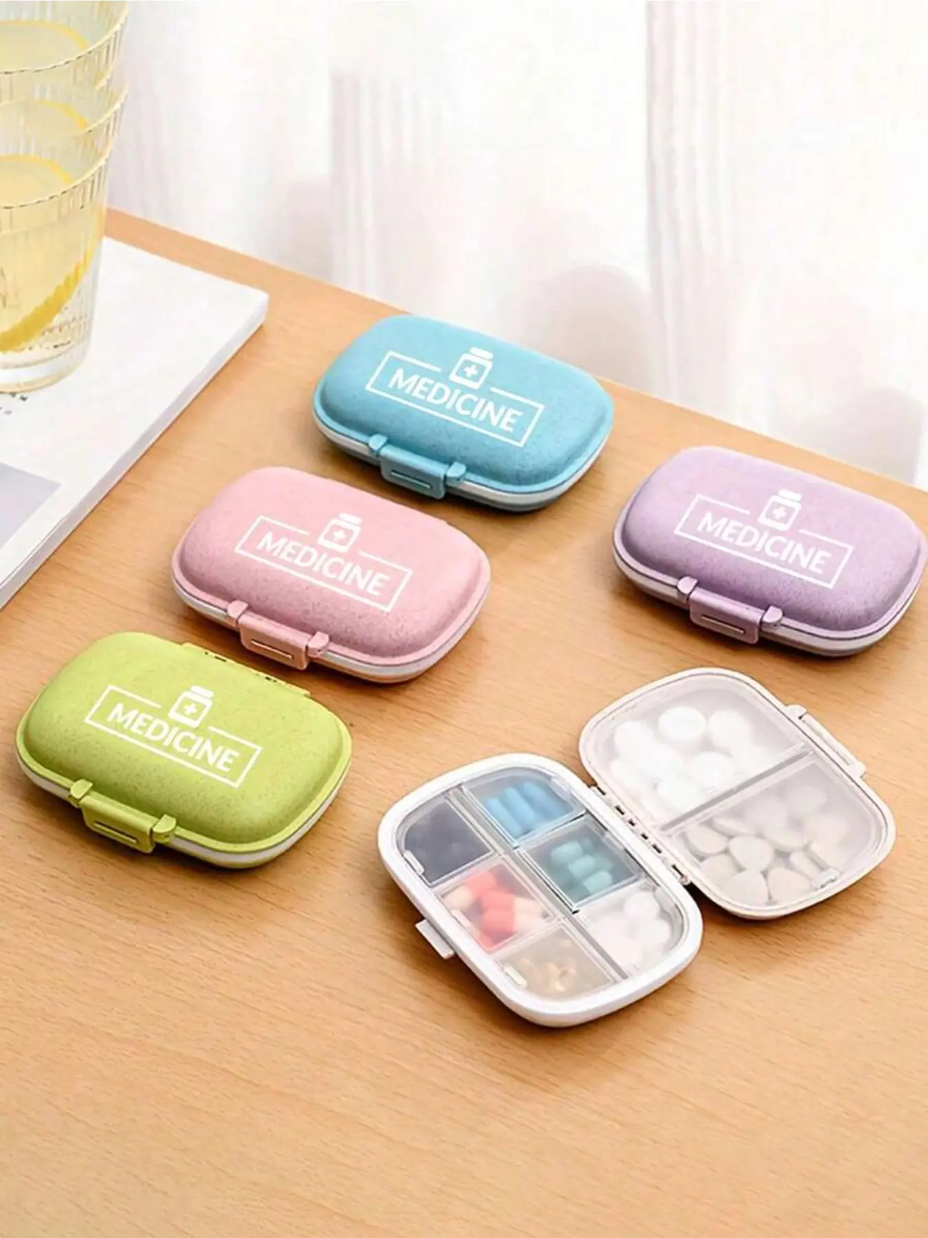 Portable medicine box with "medicine" pattern, moisture-proof medicine storage box, divided travel medicine storage box, suitable for carrying small daily medicine boxes in pockets or handbags, Supplement Organizer, Vitamin Dispenser