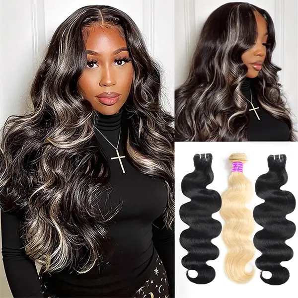 Body Wave Hair Bundles in Highlight 1B/613 Blonde, 15A Grade Brazilian Remy Human Hair Extensions, Soft Wave Pattern Weave, 100g, Human Hair Bundles