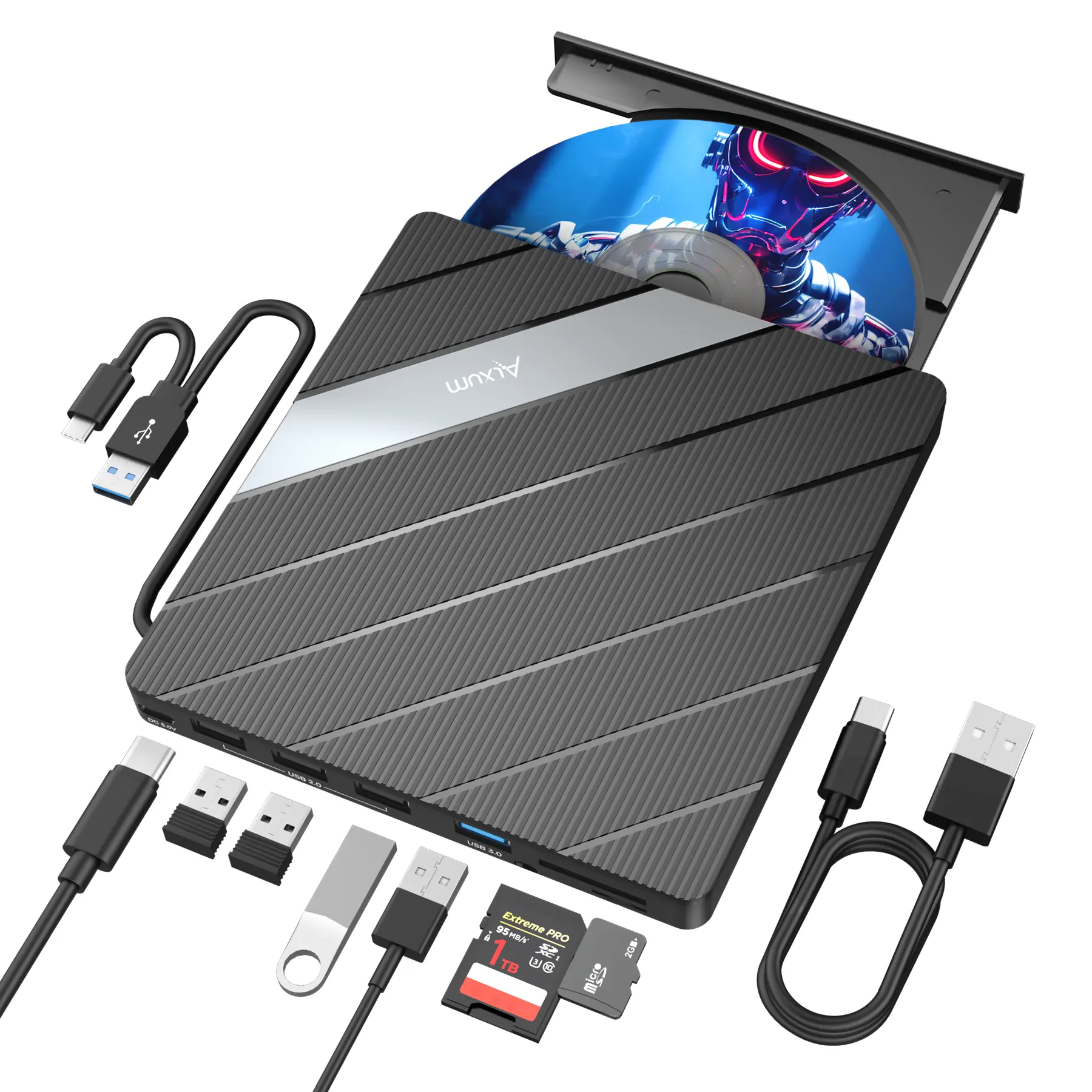 ALXUM Retro Laptop CD DVD Player with USB,External CD/DVD Drive USB 3.0 and Type-C Portable CD DVD Player and Burner with 4 USB-A Ports and SD/TF Card Slots, Compatible with Laptop,Desktop,Windows,Mac