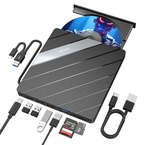ALXUM Retro Portable External CD Player & DVD Burner - USB 3.0, Type-C, 4 USB-A Ports, 1x SD/TF Card Adapter, Disc Compatibility, Multi-Port Hub, T037A Model, Travel-Friendly, Works with Laptop, Desktop, Windows, Mac, Linux (Back to School)