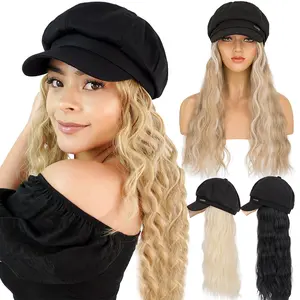 18in Newsboy Cap With High Temperature Fiber Hair Extensions Black Hat Wig 8 Panel Visor Beret Attached Synthetic Long Curly Wave Hairpiece For Woman Natural Black Daily And Festive Wear