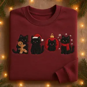 Christmas Black Cats Embroidered Sweatshirt, Cute Holiday Cat Lover Sweater, Festive Kitty Crewneck, Funny Xmas Gift, Cozy Winter Pet Shirt Cotton Fabric