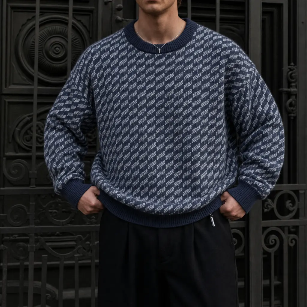 Men's Crew Neck Knit Sweater Retro Diagonal Jacquard Pattern Loose Casual Long Sleeve Pullover Autumn Winter Warm Knitted Jumper