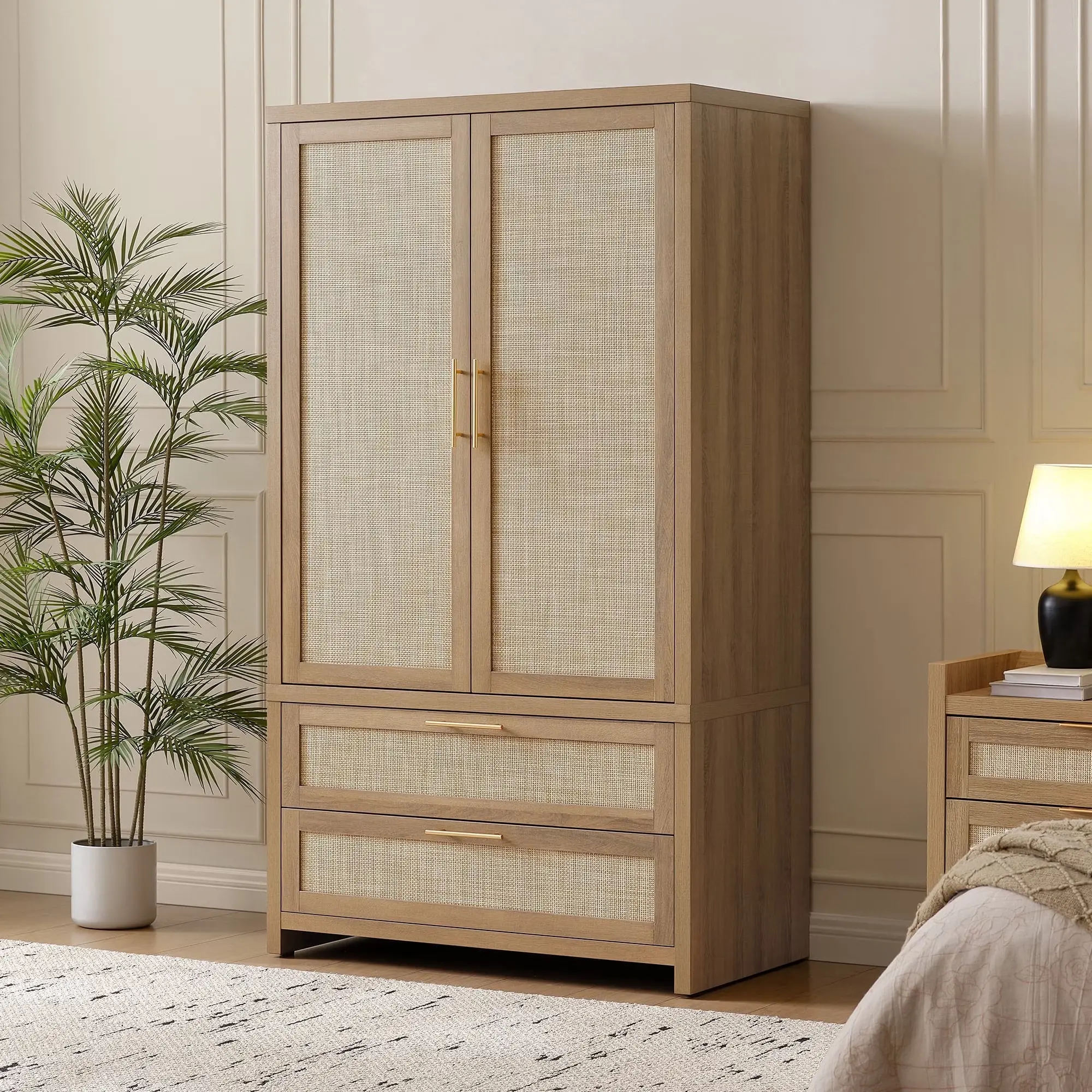 SICOTAS Rattan Armoire Wardrobe Closet Cabinet, 71" Tall Wardrobe Storage Cabinet with Doors, Larger Drawers and Hanging Rod, Boho Armoire Clothes Organizer for Bedroom, Laundry Room, Cloak Room, Oak