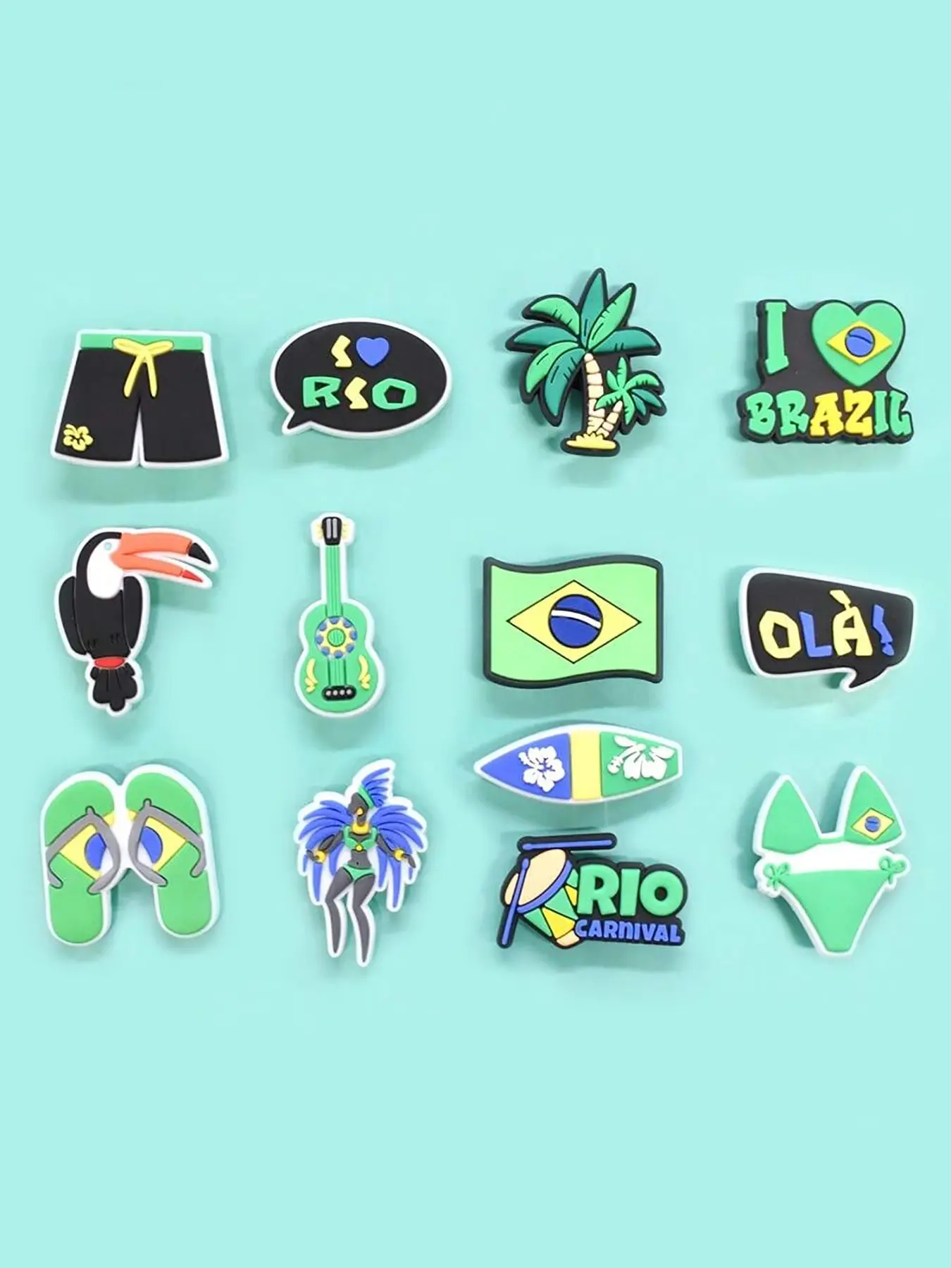 13PCS/25PCS, plastic, Brazilian Carnival Theme Shoe Charms for Bracelet Wristband, Brazilian Flag Beach Slippers Surfboards Bikinis Guitars Pattern Shoe Decoration Accessories Holiday Gift