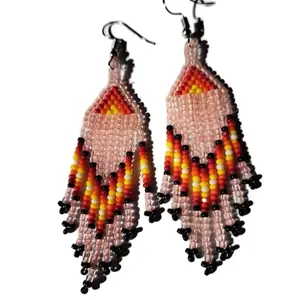 Multicolored Fire Color Earrings Handcrafted by Native American Artisans Featuring Blue Purple Pink Neon Green Neon Pink Rose Gold and Silvery Blue Beads