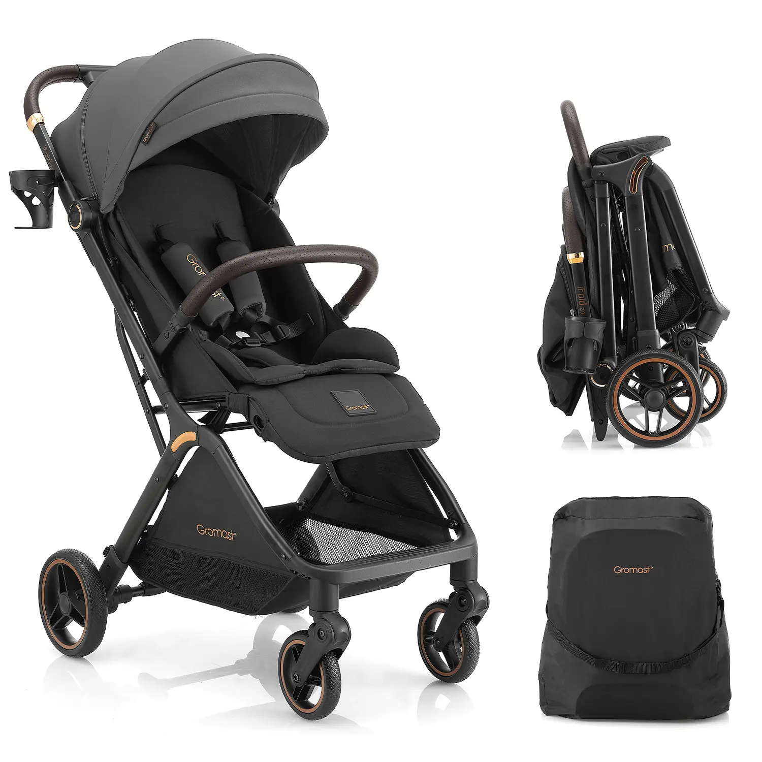 Gromast Gravity Folding Baby Stroller V2.0 - Portable Travel Toddler Stroller w/Adjustable Backrest, Cup Holder, Carry Bag & Canopy, UV Protected, One-Hand Automatic Folding