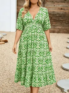 Plus Size Geometric Print Midi Dress, Womenswear, Casual Wear, Half Sleeve, V Neck, Smocked Waist, Tiered Ruffle Hem, Curvy Vacation Wear, Summer, Tummy Control