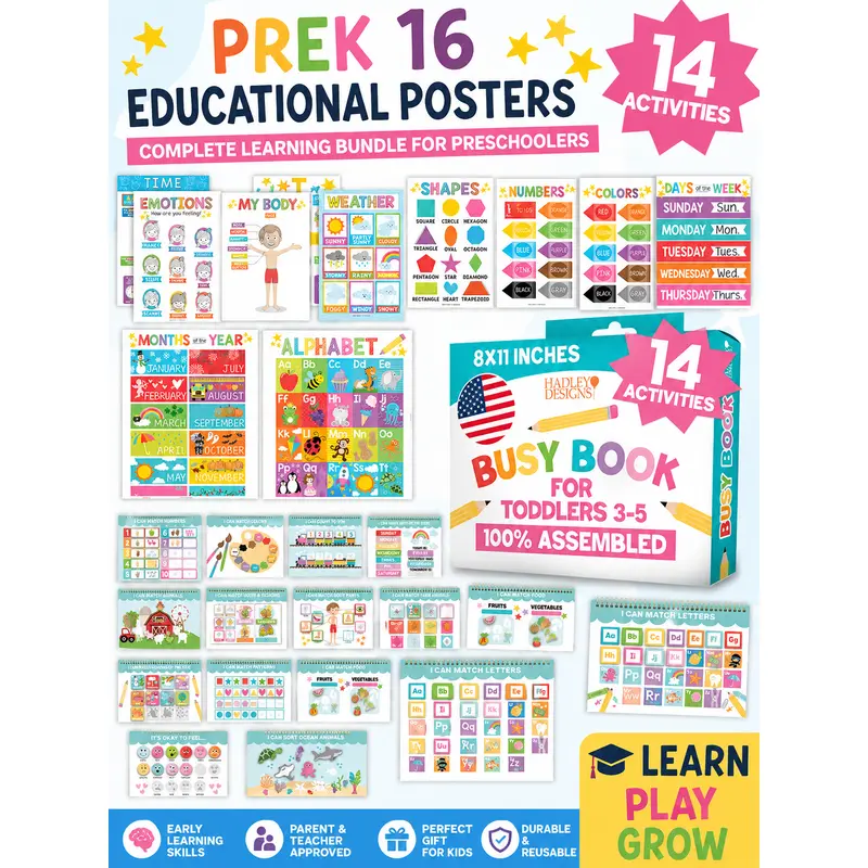 Hadley Designs Preschool Learning Bundle for Children Ages 3-5 - 16-Piece Educational Wall Charts & Montessori Busy Book, Classroom Decoration, Study Supplies for Hands-On Practice at Home & Classroom