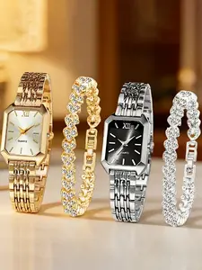4-Piece Elegant Women's Analog Quartz Wristwatch and Bracelet Set, Classic Rectangular Dial, Alloy Strap, Ideal for Easter or Casual Wear, Analog Quartz Watches