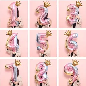 2pcs/Set, 1pc 32 Inch Rainbow Number Foil Balloon with 1 Crown for New Year Birthday Party, Wedding Graduation Gift Party, Carnival, Anniversary Background Decoration, Rose Golden Number Foil Balloons