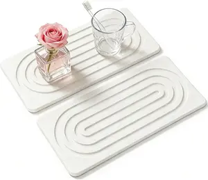 2 PCS Water Absorbing Stone Tray for Sink, Quick Drying Diatomite Bathroom Tray Countertop, Stone Drying Mat for Kitchen Counter Faucet, Soap Dish Dispenser Vanity Organizer