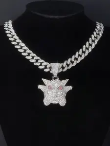Cartoon Anime Hip Hop Rhinestone Ghost Pendant Necklace, Creative Alloy Full Drill Cuban Chain, Trendy Unisex Jewelry