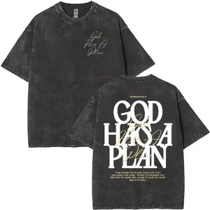 Jesus Tee God Has A Plan Graphic Tee Double-Sided Print Washed T-Shirt Holiday Gifts Men's Graphic Tees, Street - Style Vintage Washed T - Shirts, 100% Pure Cotton, Unisex Graphic Tees Halloween Back To School ShirtsNew Casual T-Shirts For Men And Women