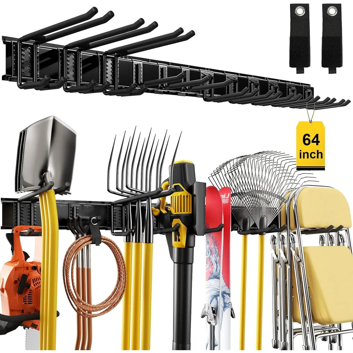 64 in Heavy-Duty Alloy Steel Tool Organizer, Garage Wall-Mount Hanging Storage Rack with 4 Racks, 12 Adjustable Peg Hooks & 2 Straps for Home Improvement, Shed Use, Hooks & Straps