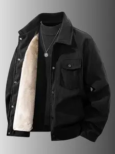 Men's Winter Fleece Lined Corduroy Collared Jacket - Trendy Casual Thick Warm Coat Beige Black