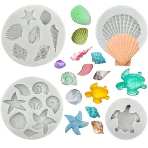 4 PCS Marine Theme Cake Fondant Silicone Mold Seashell Conch Starfish Sea Turtle Baking Molds for Chocolate Cake Decoration Candy Polymer Clay DIY Crafting Projects