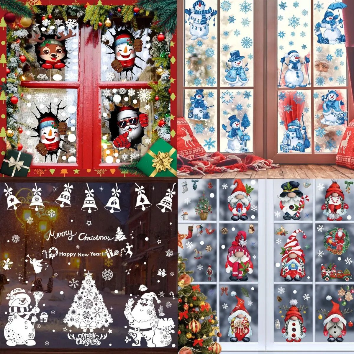 Winter Christmas Santa Claus Window Decals, Classic Xmas Window Stickers for Home Office Glass & Mirrors, Holiday Party Static Clings Decoration 4 Types