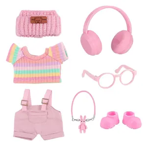 17cm Labu Clothes Set 7-Piece Pink Fashion Doll Outfit with Strap Pants T-Shirt Headphones Hat Glasses Shoes and Pendant for 1st 2nd 3rd Generation Dolls