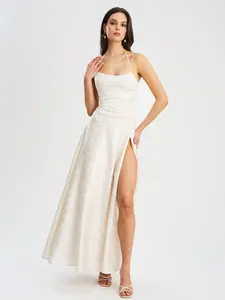 Raegan Pearl White Jacquard Ruched Maxi Dress