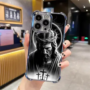 Jesus Clear Protective Four Comers Air Cushion Anti-drop CellPhone Case Clear Phone Case For iPhone 16 Pro Max 15 14 13 12 11 Plus Four Corners Cases 198-07