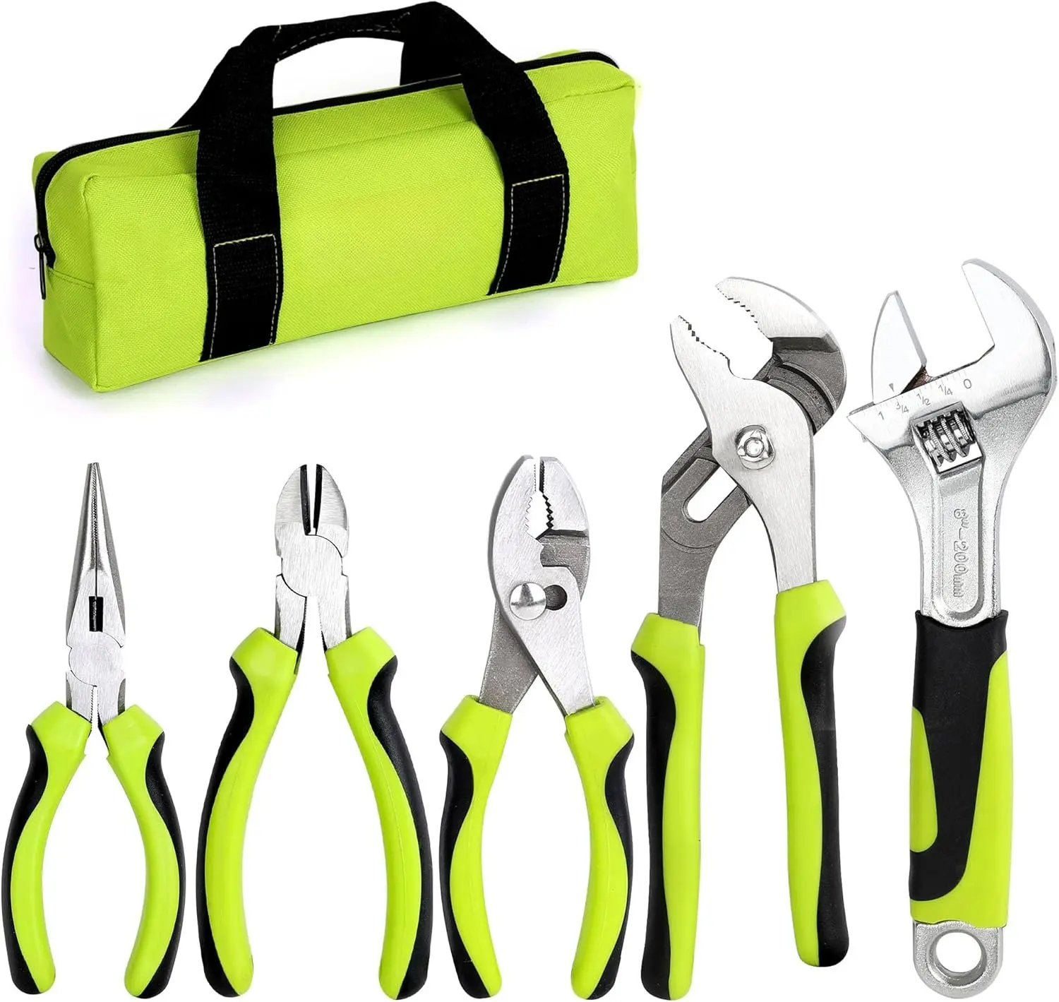 5- Utility Pliers Set with Storage Bag, Includes Groove Joint, Diagonal, Long Nose, Slip Joint Pliers and 8" Adjustable Wrench, Green
