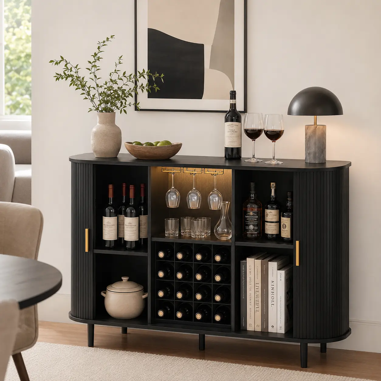 【Wine Bar Cabinet】DHH 55.1-Inch Fluted Sideboard with Power Outlet, Tambour Sliding Doors, Wine Rack, Glass Holders & Adjustable Shelves,  Black campingessentials