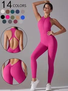 Women's Solid Backless Sports Jumpsuit, Casual Comfy Breathable Sleeveless Jumpsuit for Yoga Gym Workout, Ladies Sportswear for All Seasons, Workout Gym Clothing, Sporty Comfy Jumpsuit