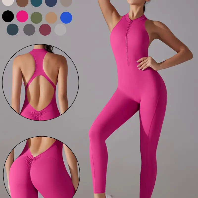 Women's Solid Backless Sports Jumpsuit, Comfy Breathable Sleeveless Jumpsuit for Yoga Gym Workout, Ladies Sportswear for All Seasons, Sporty Comfy Jumpsuit, Yoga Workout Jumpsuits, Stretchable Activewear, Athleisure Style