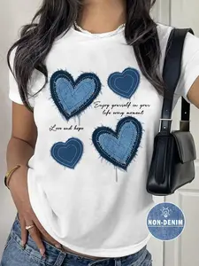 Women's Denim-effect Heart Print Round Neck Tee, Casual Short Sleeve Crew Neck T-shirt for Daily Wear, Ladies Clothes Womenswear for All Seasons, Top