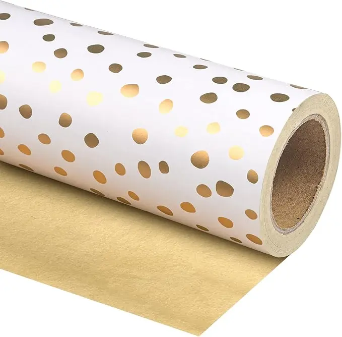 WRAPAHOLIC Gold Reversible Wrapping Paper, Elegant Gold Print & Polka Dot Design Gift Wrap Roll, Double-Sided Paper for Birthday, Christmas, Wedding & Baby Shower Gifts,17 Inch X 33 Feet