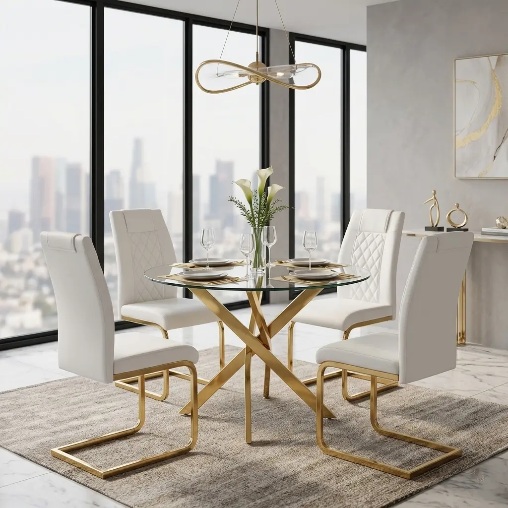 Set of 4 High-Back PU Leather Upholstered Dining Chairs, Curved Ergonomic Backrest, Metal Legs, Modern Indoor Furniture for Dining Room Small Space (Included Overall Dimensions)
