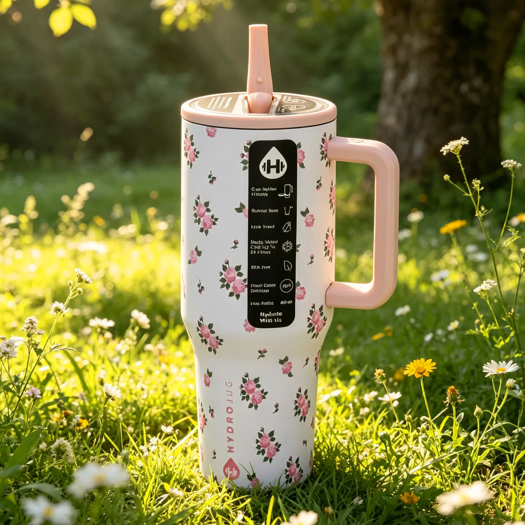 HydroJug Traveler 40oz Floral Wild Rose Insulated Stainless Steel Vacuum Flask Bottle - 7-12 Hours Temperature Retention, Modern, Leak-Proof, Portable, Stylish, Reusable Handle Tumbler with Flip Straw, Rubber Base, Cup Holder-Fit On-the-Go Women's Gift