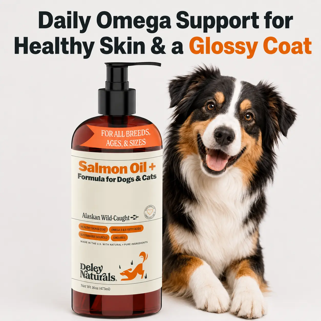 Deley Alaskan Wild-Caught Salmon Oil + Formula for Dogs & Cats 16 oz Pump - Nourishing Salmon Oil, Omega Fatty Acids, and Skin Support for Pets Natural