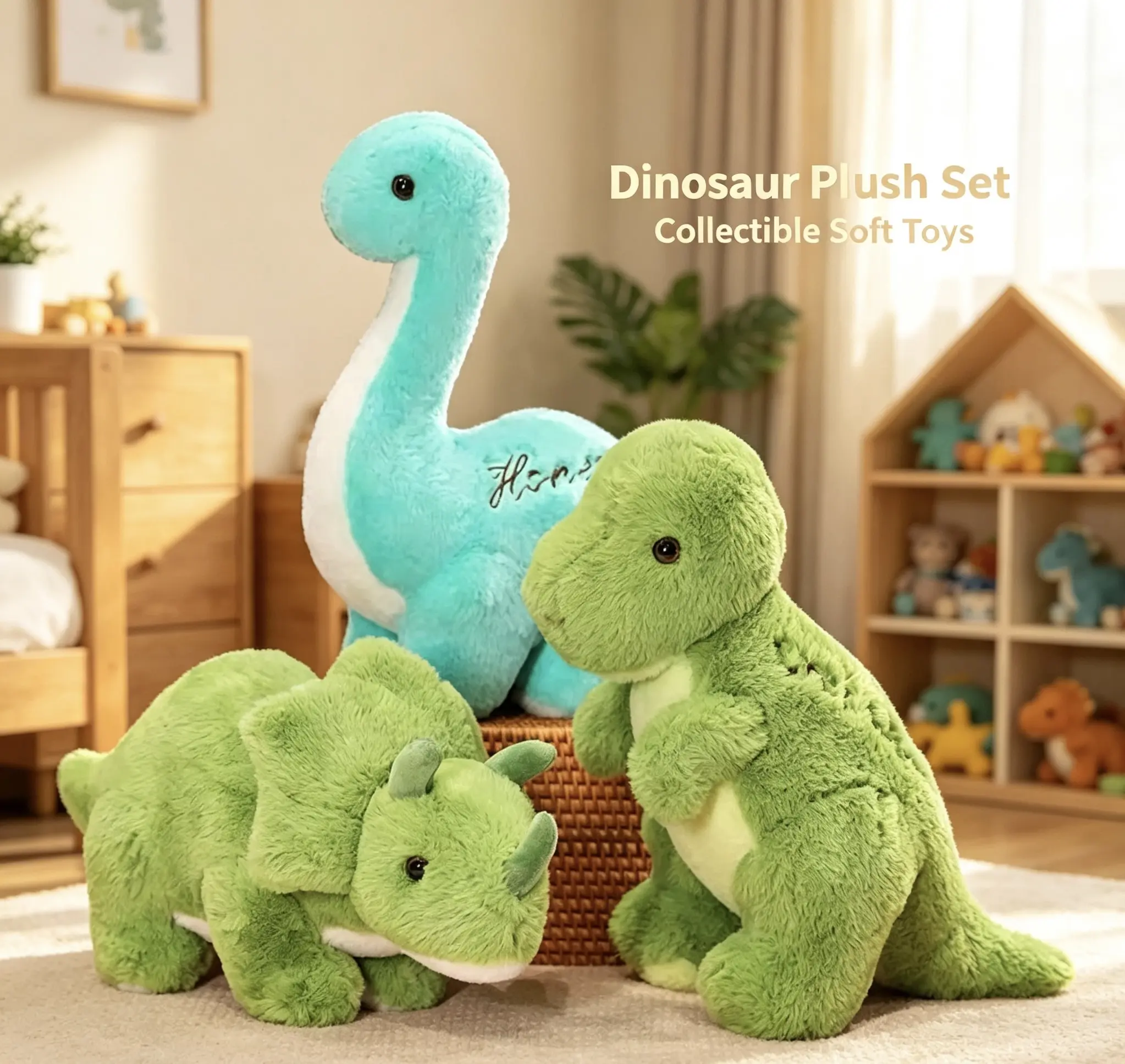 Cute little dinosaur plush toy holding sleeping doll, children's gift