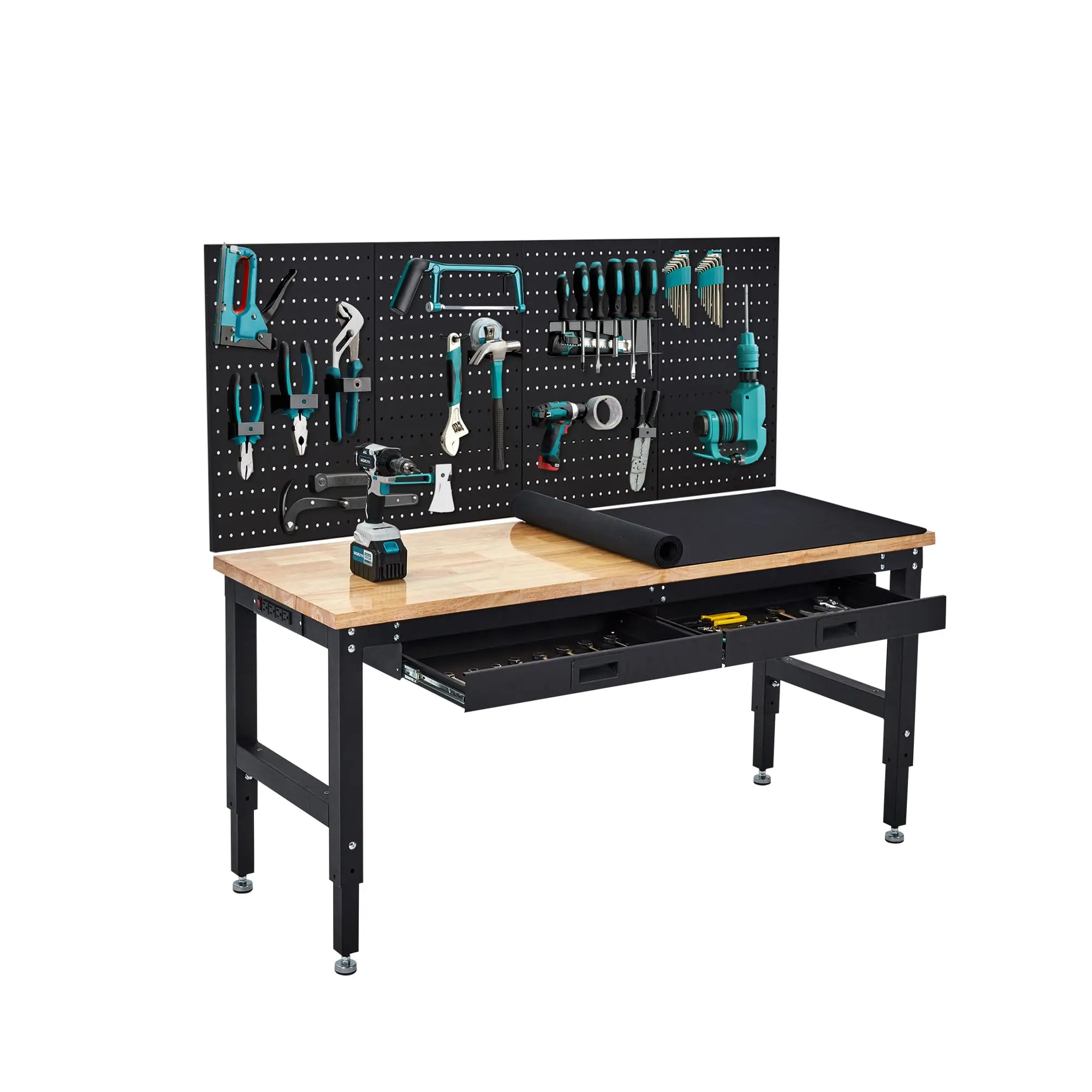 GARVEE 60-in Sturdy Heavy Duty Wood Workstation with Stable Tabletop, 60" x 24" Natural Finish 4-Level Adjustable Rubber Wood Table, 3000-Lbs Capacity, Pegboard, Storage Drawer Platform, Non-Slip Mat, Power Outlets for Garage, Workshop